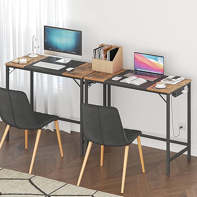 HOOBRO Computer Desk, Home Office Desk with Power Outlet, Modern Study Writing Desk with 3 Hooks for Study Room, Home Office, Sturdy and Stable, Easy to Assemble, Rustic Brown and Black BF40UDN01