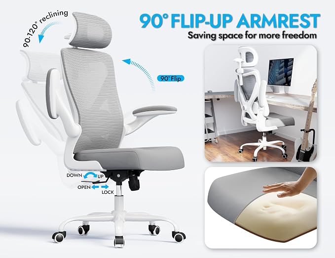 Ergonomic Office Chair: Mesh Desk Chair Comfy with Headrest& Lumbar Support | Ergalithic Big and Tall Office Chairs with Wheels & Flip-Up Arms-Computer Gaming Chairs for Adults Home Office Chairs(Grey)