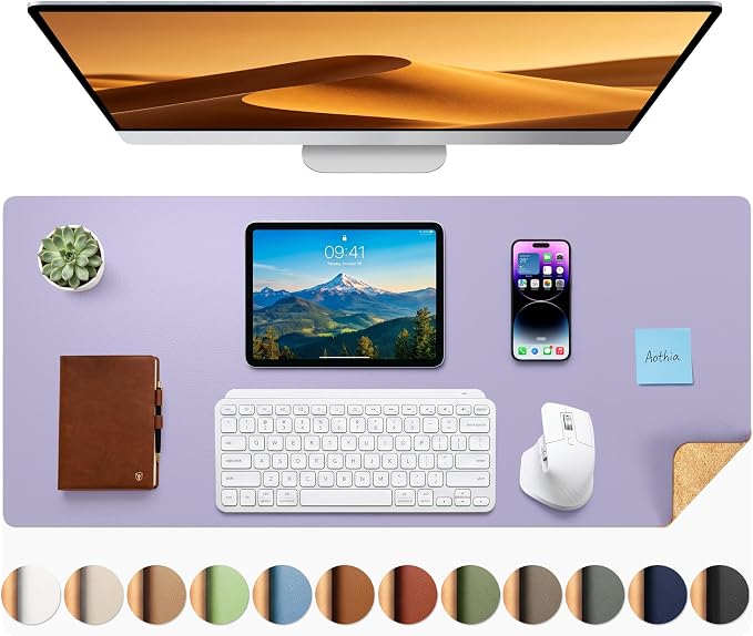 Aothia Dual-Sided Desk Mat, FSC Cork & PU Leather Desk Pad, Large Mouse Pad & Writing Surface for Daily Workspace Setup, Non-Slip Waterproof Desk Protector - 35.4" x 15.7", Light Purple
