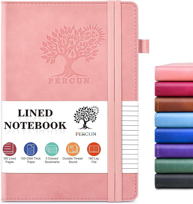 PERCUN Lined Journal Notebook for Men & Women, 160 Pages Leather Journals for Writing, A5 Hardcover Notebooks for Note Taking, Work, School, Business, Travel,Daily Diary 5.9" x 8.5" (Pink)