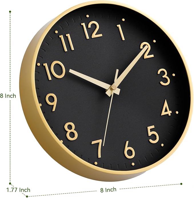 Mosewa Small 8 Inch Wall Clock Battery Operated Silent Non Ticking Analog | Black Gold modern clock; oversized 3D easy-read dial for kitchen, bedroom & office; 1 AA battery (not included)