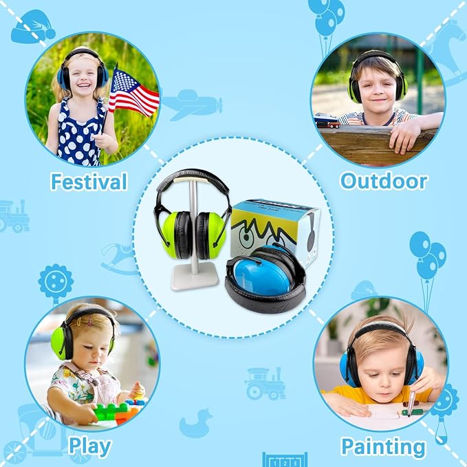 ZOHAN Kids Ear Protection 2 Pack, 25dB NRR Noise Cancelling Headphones for Kids, with Pillowy Pads, for Monster Truck, School, Autism, Sensory, Fireworks, Concerts, Events (Blue+Green)
