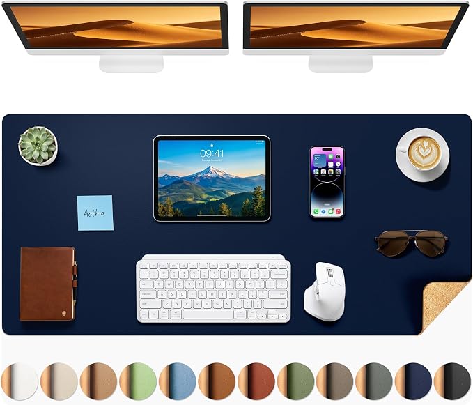 Aothia Dual-Sided Desk Mat, FSC Cork & PU Leather Desk Pad, Large Mouse Pad & Writing Surface for Extended Desk Setup, Non-Slip Waterproof Desk Protector - 47" x 17", Dark Blue