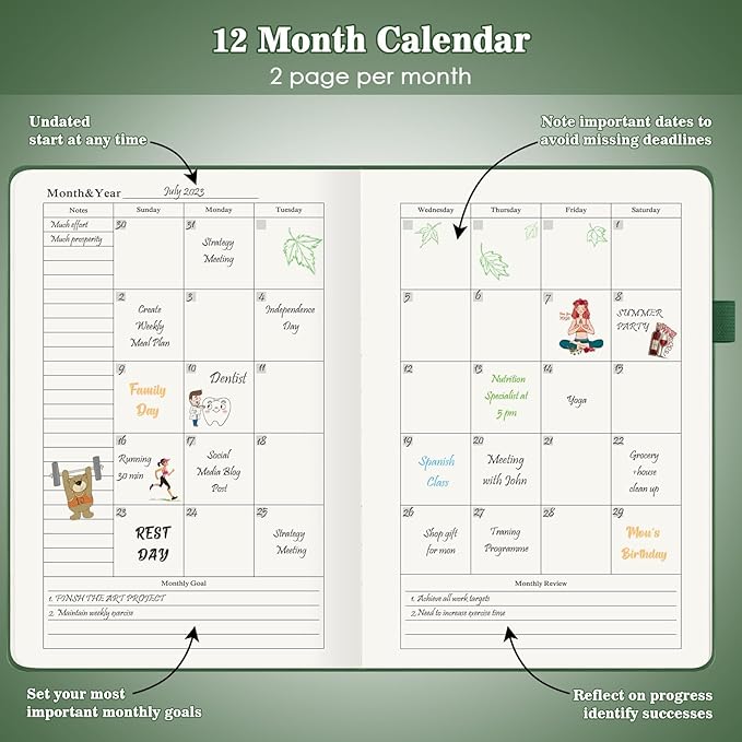 Undated Daily Planner with To Do List, 365 Days Agenda for Men, Hourly Planner Notebook for Goal Setting and Productivity with Calendar, 8.3" x 5.8" (Green)