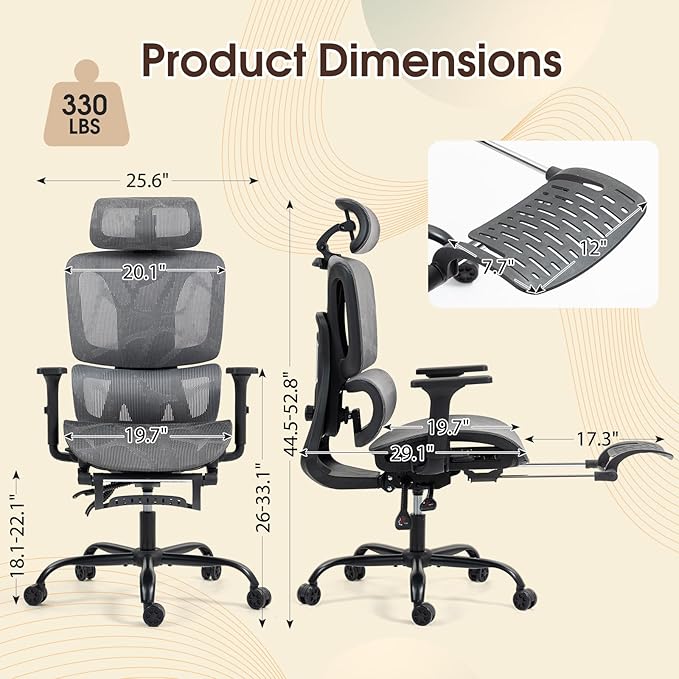 ECOTOUGE Grey Mesh Ergonomic High Back Office Chair with Footrest | Adjustable Lumbar Support, Headrest, Armrests, Reclining, Swivel, Rolling Casters, Sturdy Base, for Home Office & Gaming