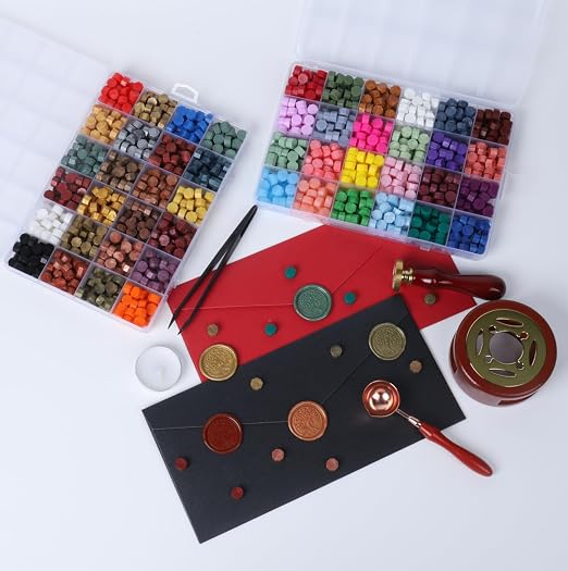 Wax Seal Stamp Kit, ONWINPOR 1248 Pcs Sealing Wax Beads in 48 Colors with Melting Warmer, Spoon, Tea Candles, Tree Sealing Stamp Set for Wedding Invitation, Letter Sealings and DIY Craft