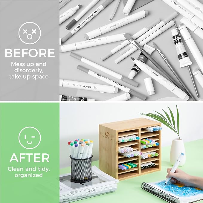 Ohuhu Bamboo Marker Organizer, Wooden Desktop Storage Hold 126 Markers, Pens, Pencils, Art Brushes Stationary Organizer Pencil Holder with 18 Compartments for Home, Classroom, Office Decor
