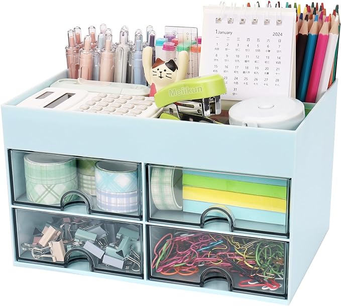 Meiikun Desk Organizer, Office Organizer with Drawer, Desk Accessories & Workspace Organizers, Pen Holder Office Supplies for Desk (4 Drawers+4 Compartments, Blue)