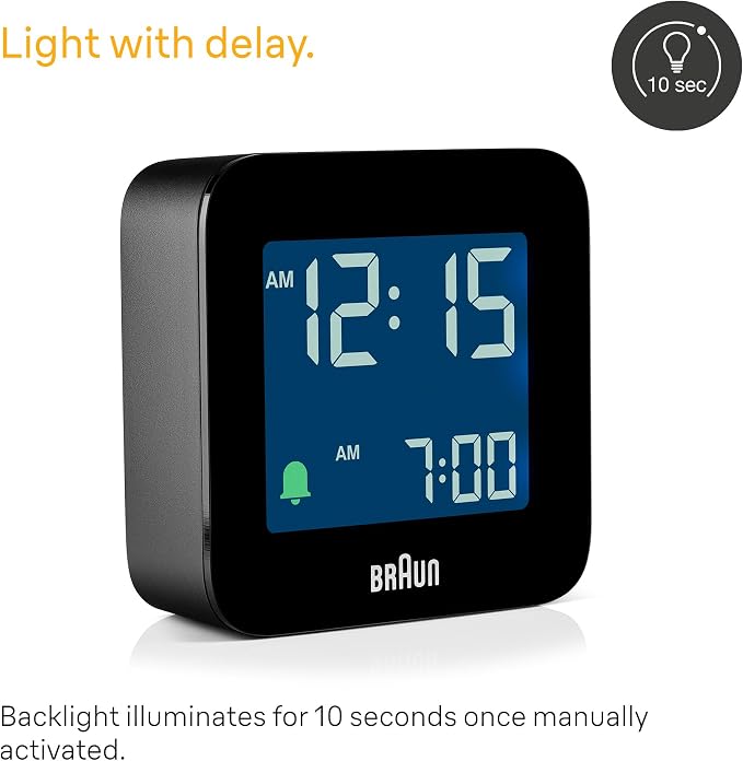 Braun Digital Travel Alarm Clock with Snooze, Compact Size, Negative LCD Display, Quick Set, Crescendo Beep Alarm in Black, Model BC08B (1-Pack)