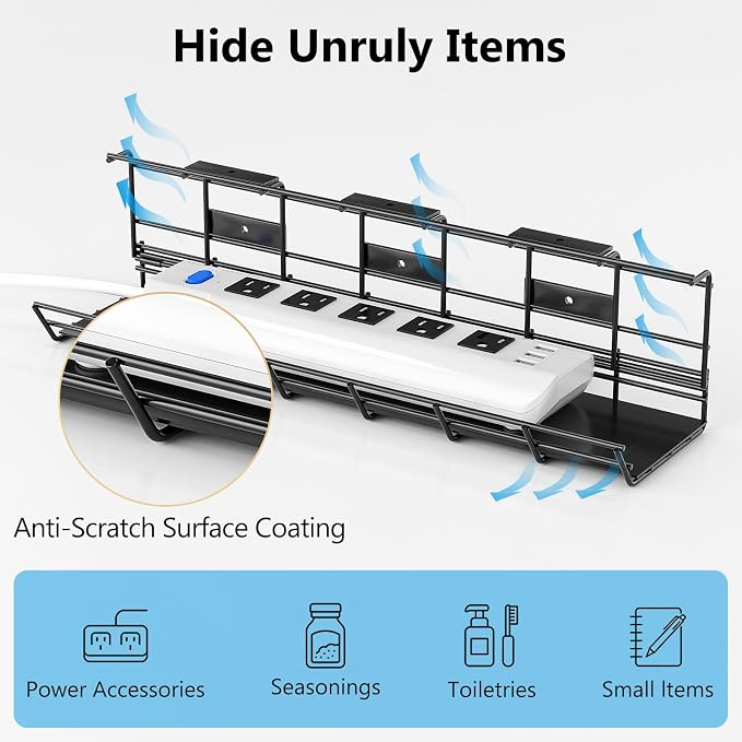 2 Pack DELAMU Under Desk Cable Management Tray, Metal Cord Cable Organizer for Desk, Easy Install Pre-drilled Wire Management Wire Organizer for Office & Home