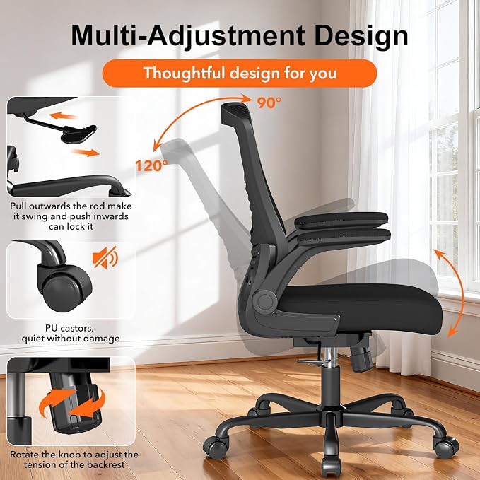 Ergonomic Office Chair – Comfy Mesh Desk Chair with Flip-Up Armrests & Smooth-Rolling Caster, Adjustable Height Home Computer Chair, Breathable & Supportive for Long Hours Sitting