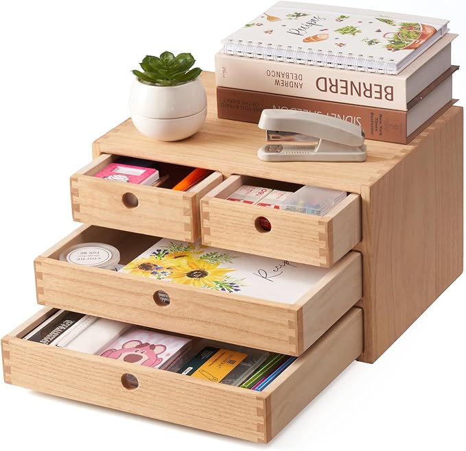 KIRIGEN Wood Desk Organizer with 4 Drawers, Desktop Storage, Natural 34-NA | 3-Tier Solid Wood Cabinet Holds Letter-Size Paper, Mail, Makeup, Crafts, and Home Office Supplies, Fully Assembled