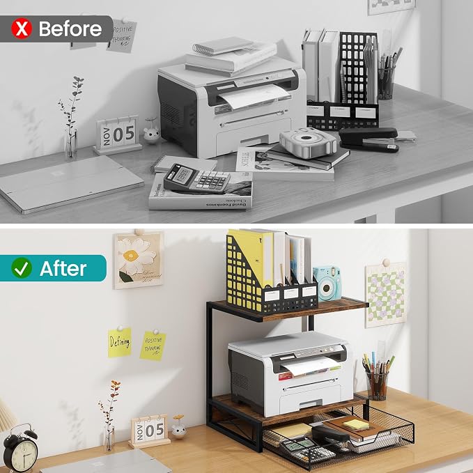 ELITEROO 2-Tier Desk Printer Stand with Storage Drawer, Wood Printer Stand | Small Printer Table with Shelf for Desktop, for Home Office, Fits Fax Machine, Scanner, 3D Printer, Rustic Brown