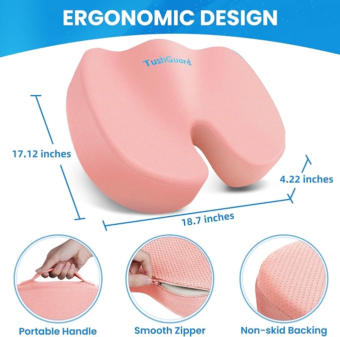TushGuard Memory Foam Seat Cushion for Office Chair, Car Seat, Pink, XXL | Office Chair Cushion for Car, Airplane - Chair Pad for Long Sitting Sciatica, Hip, Coccyx,Tailbone Pain Relief, Butt Pillow