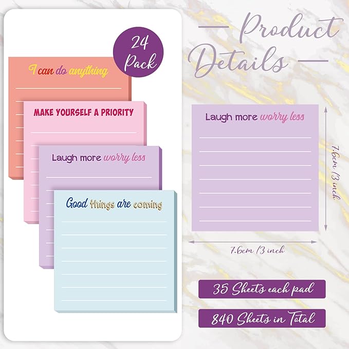 Yinder 24 Pcs Inspirational Sticky Notes Thank You Gift Motivational Sticky Note Pad Employee Appreciation Gift Bulk for Staff Coworker Teacher Nurse Office Groups 3 x 3'' (Inspirational,Light Color)
