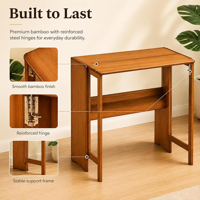 Bamboo Folding Desk, Foldable Computer Desk with Bookshelf, Space Saving Small Desk for Bedroom Home Office, Compact Writing Desk for Small Spaces