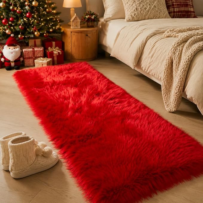 EasyJoy Ultra Soft Faux Fur Rug Fluffy Sheepskin Rug for Bedroom Living Room Sofa Bedside Floor(2x6 ft Rectangle, Red)