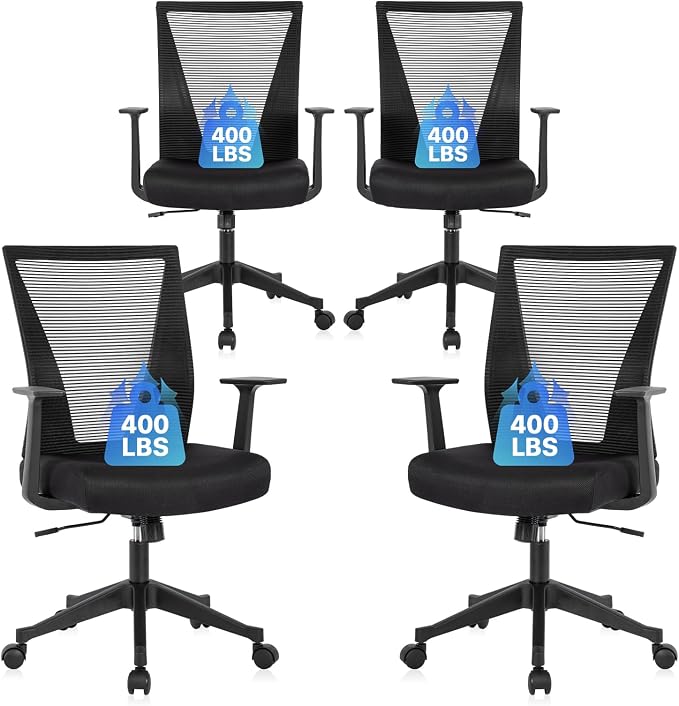 CLATINA Big and Tall Office Chair, Heavy Duty Ergonomic Mesh Computer Desk Chair with Armrests, Adjustable Height Rolling Swivel Mid Back Executive Task Chairs for Home Office Conference, Black, 4Pack