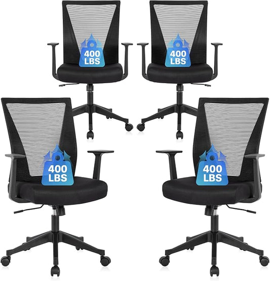 CLATINA Big and Tall Office Chair, Heavy Duty Ergonomic Mesh Computer Desk Chair with Armrests, Adjustable Height Rolling Swivel Mid Back Executive Task Chairs for Home Office Conference, Black, 4Pack