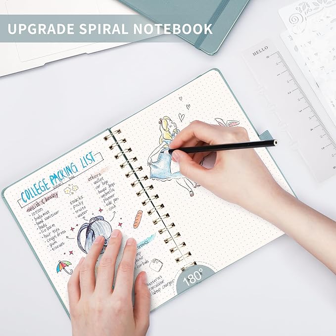 AHGXG Dotted Journal Spiral Notebook, Hardcover Leather Dotted Notebook 140 Pages, A5 Dot Grid Paper Notebook, 100 gsm Thick Paper, for Dotted Journaling, 5.7" x 8.3", Gray Blue