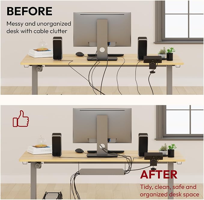 SANODESK Electric Standing Desk with Desk Clamp Power Strip 48"x 30" Whole-Piece Desktop Height Adjustable Stand Up Desk with Cable Management Sit Stand Home Office Desk Silver Frame/Maple Top