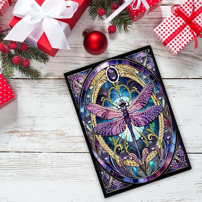 FRANDEK Pearl Painting Notebook Kit, Purple Dragonfly A5 DIY Journal with 50 Blank Pages, Diamond Gem Art Cover with Waterproof Canvas, Beginner Craft Set with Full Tools for Adults