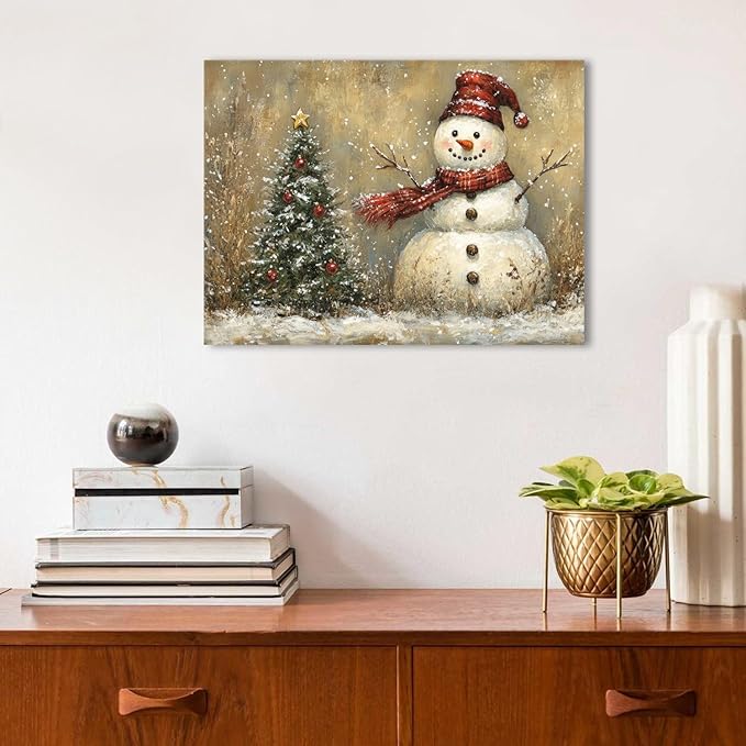 Rustic Christmas Wall Decor Pine Tree Snowman Picture for Living Room Retro Christmas Tree Poster Bedroom Abstract Snowy Winter Scene Canvas Prints Painting Holiday Artwork Xmas Home Decoration 12x16"