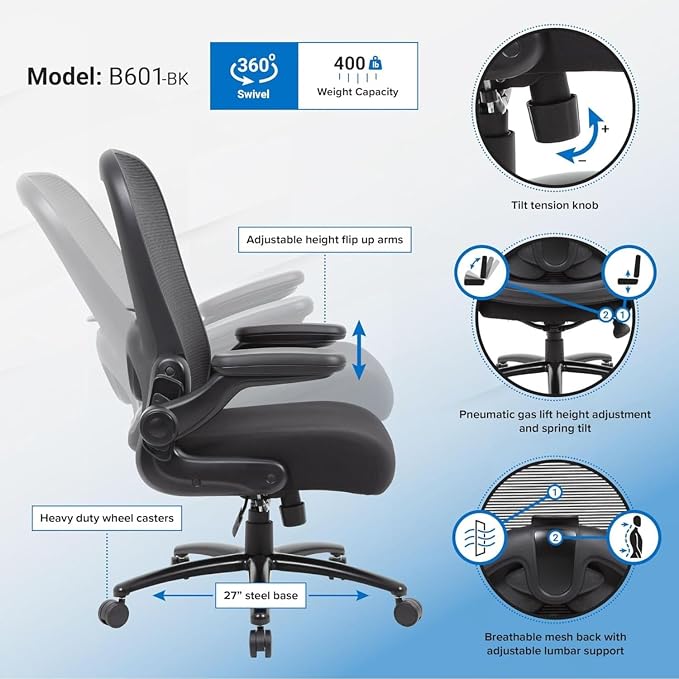 Heavy Duty Flip Arm Breathable Mesh Task Chair 400-lb Weight Capacity Black Ergonomic Office Chair for Comfort and Support Sturdy Construction with Flip-up Armrests Ideal for Long Hours