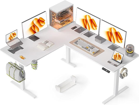 WALKINGDESK 63x55 Inches Reversible L Shaped Standing Desk, Height Adjustable With Cup Holder, Electric Corner Computer Workstation, Sit Stand up Home Office, Standing Desk with Cable Management White