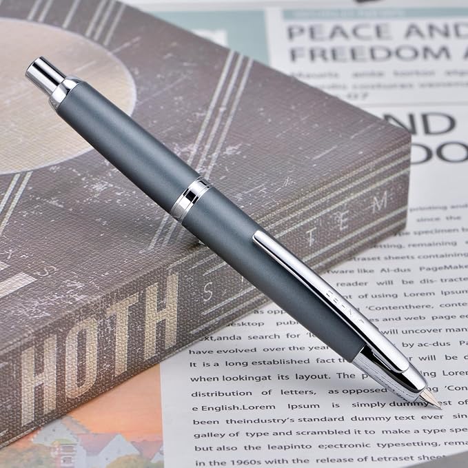 Jinhao 10 Press Fountain Pen with Box, Metal Gray Retractable Medium Nib with Ink Converter Set (Silver Clip)