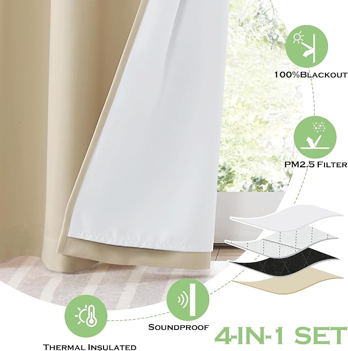 KGORGE Anti Dust Soundproof 100% Blackout Curtains 4 Layers Heavy Duty Energy Efficiency Window Curtains for Living Room Baby Bedroom Home Office Studio, Wide 52 x Long 95 inches, Beige, 2 Panels