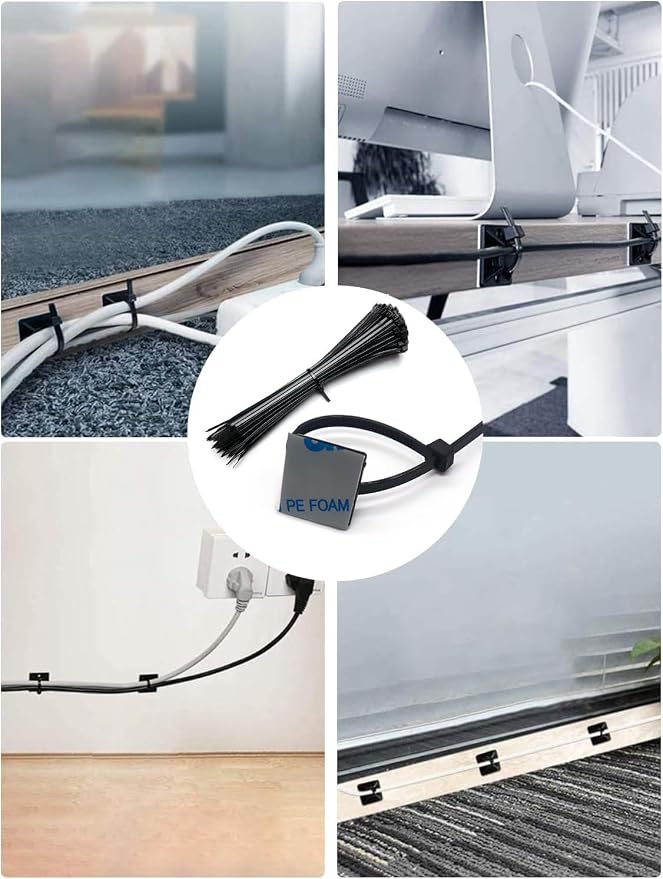 Strong Back-Glue Self Adhesive Cable Zip Tie Mounts Kit - 100 Set Cable Management Clips with 6" Zip Ties, Wire Holders - Outdoor Sticky Wire Organizer Clips-Black