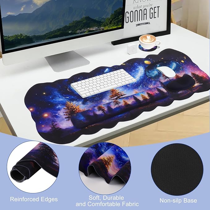 Petmolico Desk Pad Set with Wrist Rest for Keyboard & Mouse, Night Sky | Anti-slip PU base, durable Lycra & memory foam, relieves wrist fatigue, perfect for work, home & daily use