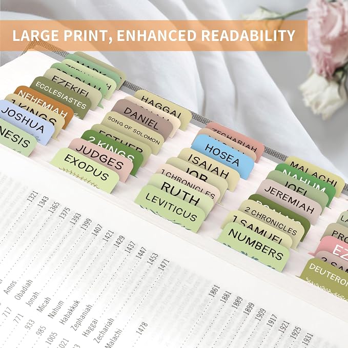 Bible Tabs for Women & Men, Bible Tab for Study Bible, Large Print Bible Tabs for Easy Navigation, Bible Index Tab, 66 Tabs Old & New Testament, Extra 9 Blank Tabs - Gentle Foliage