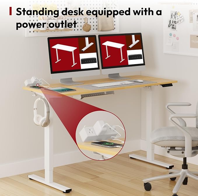 SANODESK Electric Standing Desk with Desk Clamp Power Strip 55"x 28" Whole-Piece Desktop Height Adjustable Stand Up with Cable Management Sit Stand Home Office Desk White Frame/Maple Top