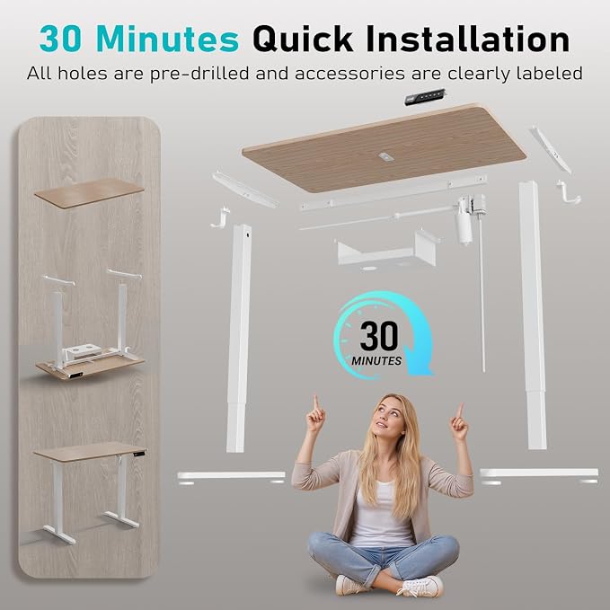 35" Electric Standing Desk, Small Sit Stand up Desk, Light Walnut | Height Adjustable Computer Desk for Home Office, Compact Work & Gaming Desk with Cable Management and Stable Steel Frame