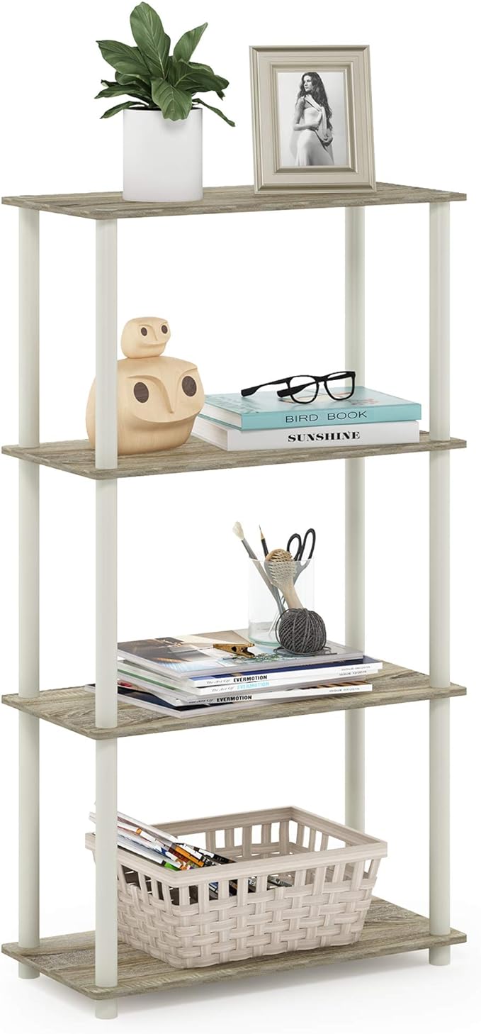 Furinno Turn-N-Tube 4-Tier Multipurpose Shelf Display Rack, Round Tubes, Sonoma Oak/White