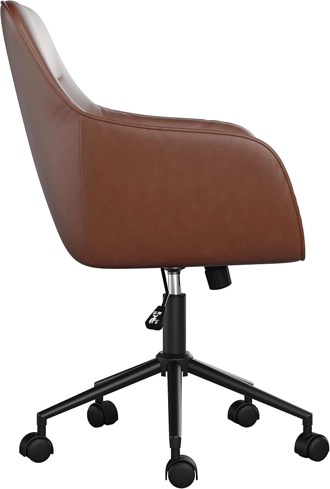 Martha Stewart Rayna Swivel Task Chair with Flared Arms for Home Office in Saddle Brown Faux Leather with Oil Rubbed Bronze Frame