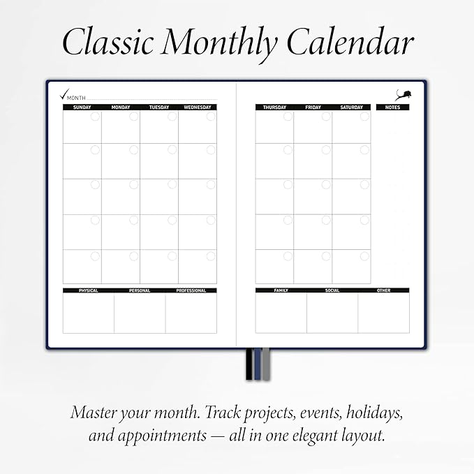 Undated Day Planner & Calendar – 6-Month Life Organizer for Productivity, Time-Management & Focus | 24-Hour Hourly Agenda for Men & Women, Faux Leather Hardcover (Blue)