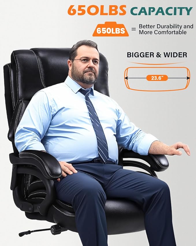 BOSMILLER 650lbs Large Big and Tall Office Chair for Heavy People with Adjustment Lumbar Support, Comfy Padded Heavy Duty Leather Executive Office Chair with Quiet Rubber for Adults 8 Hours Daliy Work