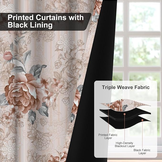 Blackout Curtains for Bedroom 84 Inch Length 2 Panel Sets, Beige Pink Vintage Floral Black Out Curtains for Living Room Darkening, Spring Summer Light Filtering Soundproof Thermal Bedroom Curtains