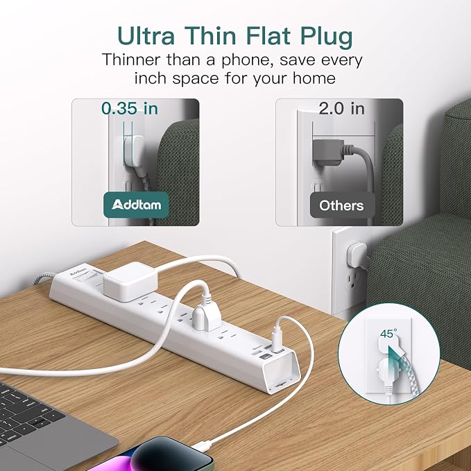Addtam 25ft Extra Long Power Strip Surge Protector, 6 Outlets and 4 USB Ports (2 USB C), Ultra Flat Plug Wall Mount, Heavy Duty Extension Cord Charging Station for Large Room, Garage, Workshop