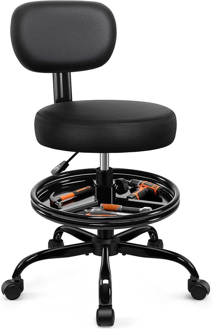 BestGlory Shop Stool with Wheels for Garage, Mechanics Rolling Chair with Backrest, Adjustable Height Heavy Duty Garage Stool with Footrest and Storage Tray, Swivel Task Chair for Workshop Salon