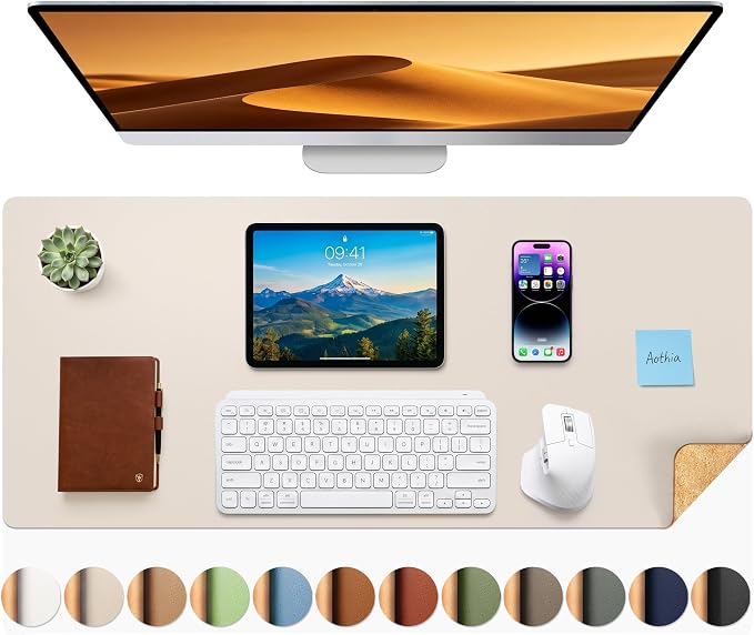 Aothia Dual-Sided Desk Mat, FSC Cork & PU Leather Desk Pad, Large Mouse Pad & Writing Surface for Daily Workspace Setup, Non-Slip Waterproof Desk Protector - 35.4" x 15.7", Cream