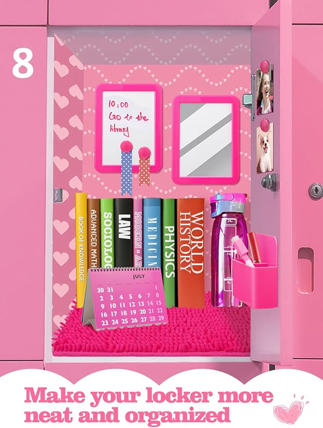 Locker Accessories Kit - 9 Pcs Pink Locker Organizer Stuff for Girls, Back to School Supplies Include Locker Rug Magnetic Whiteboard Mirror Dry Erase Marker Holder and More Decor Essentials