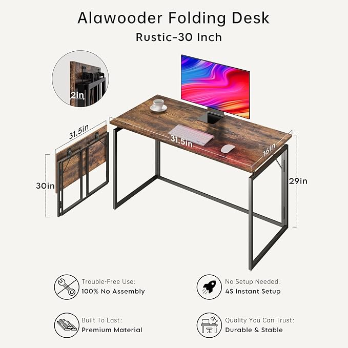 Folding Desk - 31.5" Wood Top Foldable Desk for Small Spaces | No Assembly Required Compact Desk for Home Office, Writing, and Study