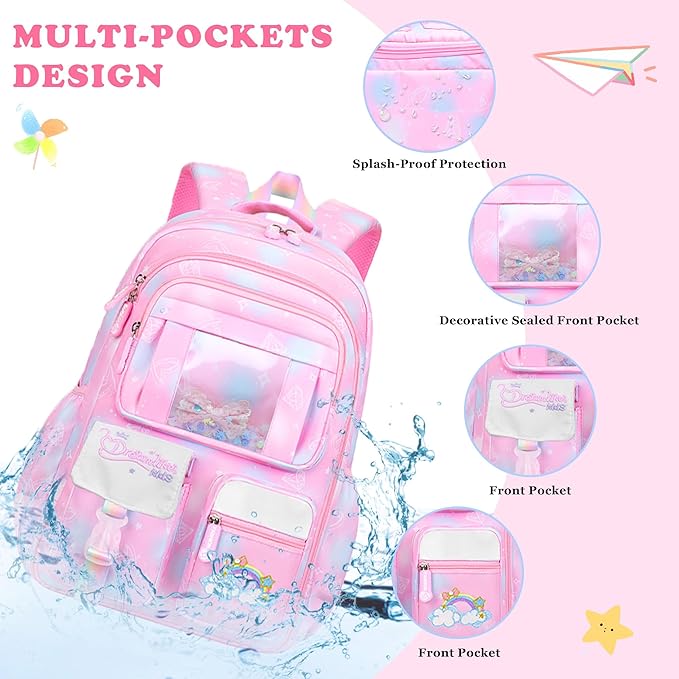 3PCS SET kids backpacks for girls, bookbag for girls backpack with lunch box Pencil Pouch Set back to school supplies for Kid, School backpack for girl Elementary School Student(PINK)