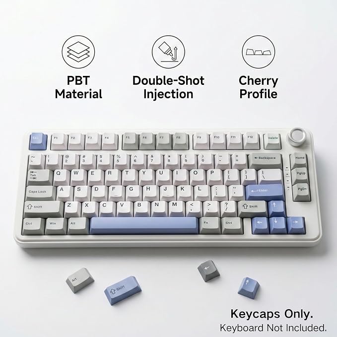 126 Keys PBT Double Shot Keycaps, White Blue Minimalist Keycap Set, Refreshing Clean Style Cherry Profile Keycaps for Mechanical Keyboard 60% 65% 75% 100% Cherry MX Switches