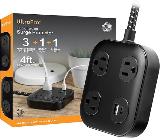 GE UltraPro 3-Outlet Surge Protector with 4ft Braided Cord, Power Strip, Extension Cord, Flat Plug, 1 USB-A & 1 USB-C Port, 245 Joules, for Home School & Office, Charging Station, Black – 82592