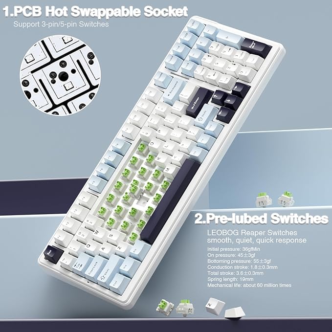 AULA F99 Wireless Mechanical Keyboard, Hot Swappable Custom Keyboard,Pre-lubed Linear Switches,Gasket Structure,RGB Backlit Gaming Keyboard (Blue&White) (Renewed)
